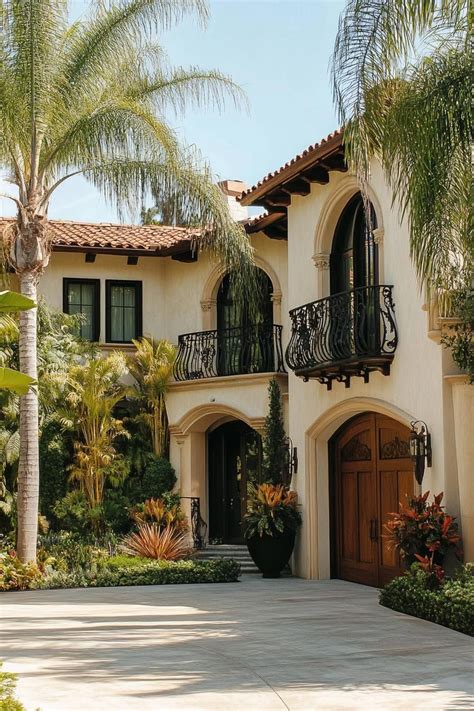 Mediterranean‑style home with cream stucco walls, red tile roofs, arched windows, wrought‑iron balconies, tropical landscaping, and a paved driveway in a coastal California neighborhood.